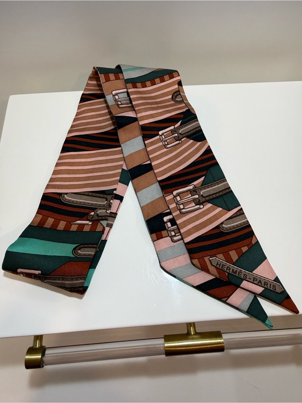 Hermès Pink, Green & Brown Printed Silk Twilly